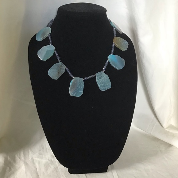 Vintage Jewelry - Vintage Blue Sea Agate Slab Necklace
